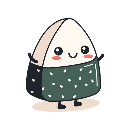 Onigiri fofo embrulhado em alga nori com expressão de sorriso  Ilustração