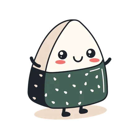 Onigiri fofo embrulhado em alga nori com expressão de sorriso  Ilustração