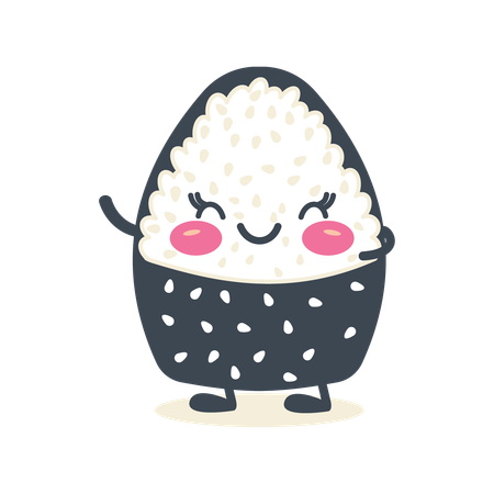 Onigiri fofo embrulhado em alga nori com expressão de sorriso  Ilustração