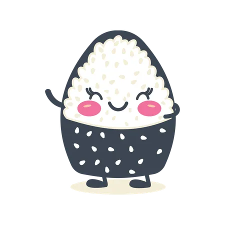 Onigiri fofo embrulhado em alga nori com expressão de sorriso  Ilustração