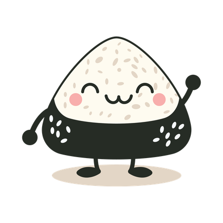 Onigiri fofo embrulhado em alga nori com expressão de sorriso  Ilustração