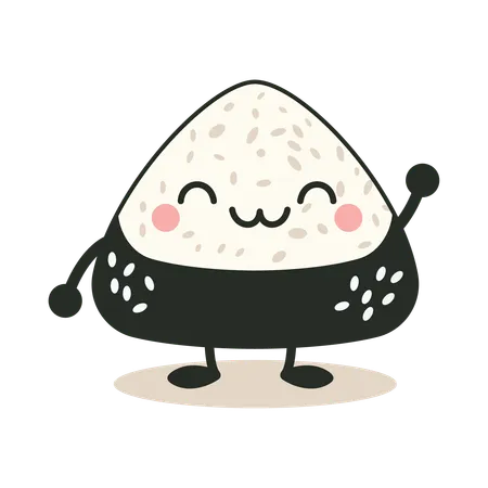 Onigiri fofo embrulhado em alga nori com expressão de sorriso  Ilustração