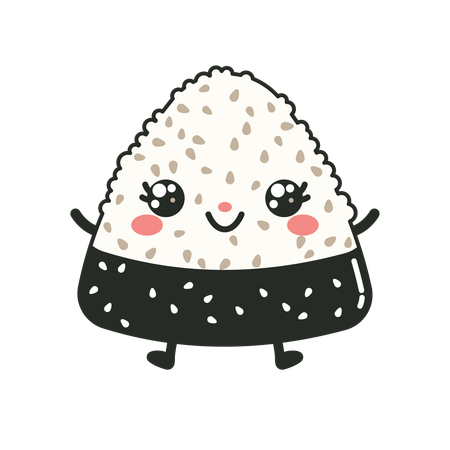 Onigiri fofo embrulhado em alga nori com expressão de sorriso  Ilustração