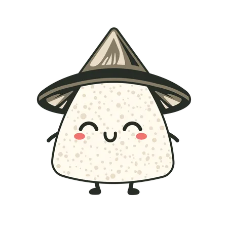 Onigiri fofo usando chapéu de cone com expressão de sorriso  Ilustração