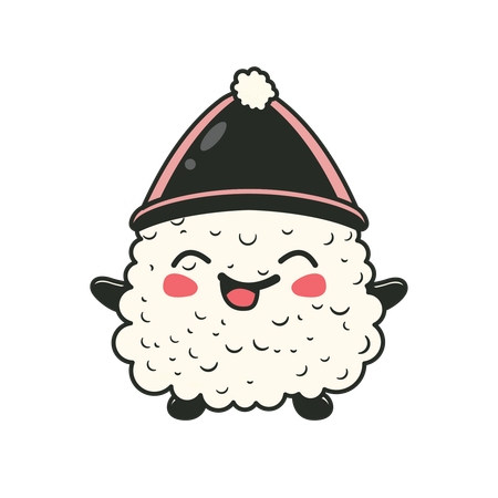 Onigiri fofo usando chapéu de cone com expressão de sorriso  Ilustração