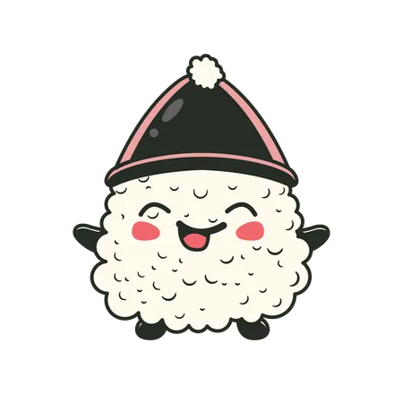 Onigiri fofo usando chapéu de cone com expressão de sorriso  Ilustração