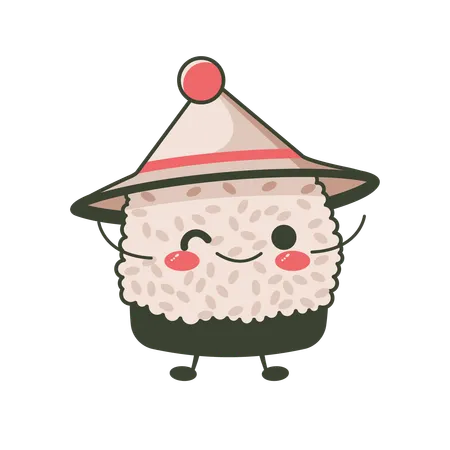 Onigiri fofo usando chapéu de cone com expressão de sorriso  Ilustração