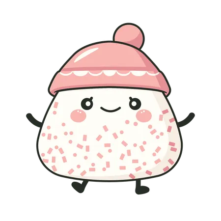 Onigiri fofo usando chapéu rosa com expressão de sorriso  Ilustração