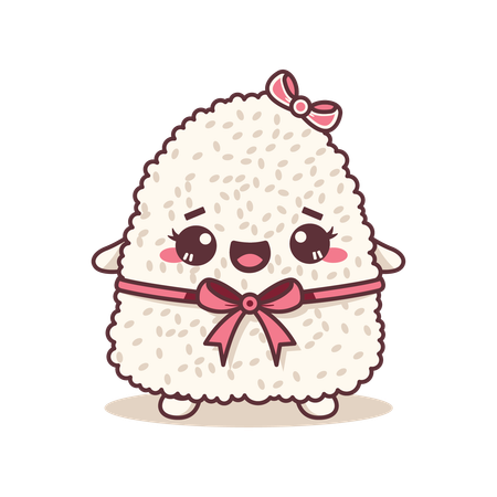 Onigiri fofo usando fita rosa com expressão de sorriso  Ilustração