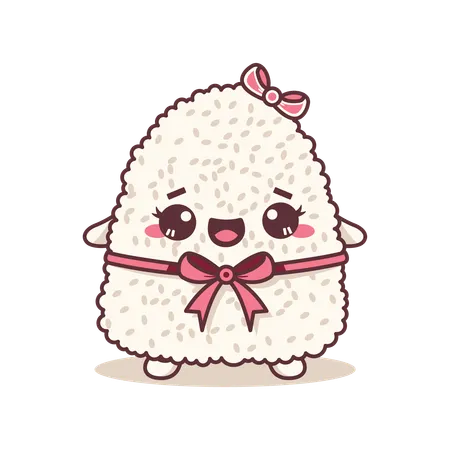 Onigiri fofo usando fita rosa com expressão de sorriso  Ilustração