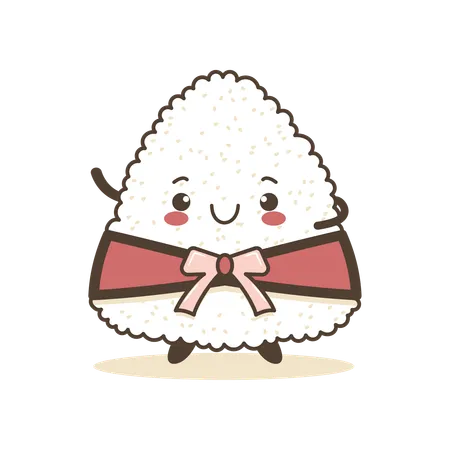 Onigiri fofo usando fita rosa com expressão de sorriso  Ilustração