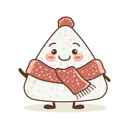 Onigiri fofo usando xale rosa com expressão de sorriso  Ilustração