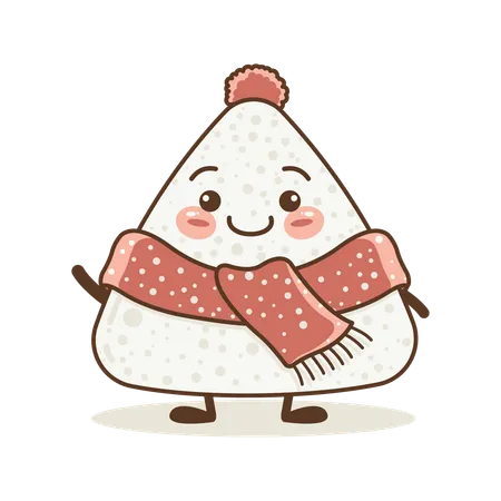 Onigiri fofo usando xale rosa com expressão de sorriso  Ilustração