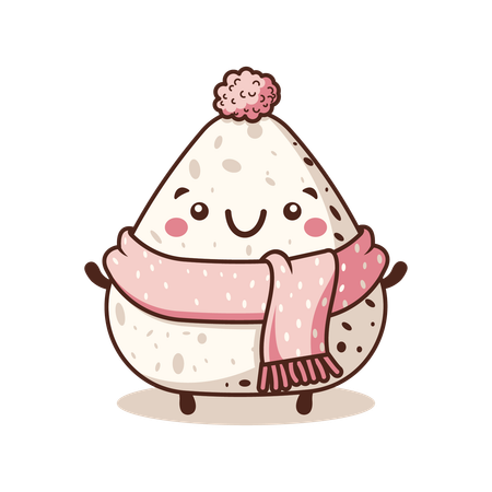 Onigiri fofo usando xale rosa com expressão de sorriso  Ilustração