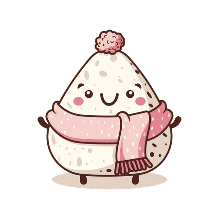 Onigiri fofo usando xale rosa com expressão de sorriso  Ilustração