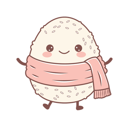 Onigiri fofo usando xale rosa com expressão de sorriso  Ilustração