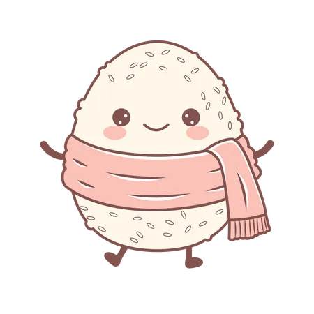 Onigiri fofo usando xale rosa com expressão de sorriso  Ilustração