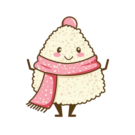 Onigiri fofo usando xale rosa com expressão de sorriso  Ilustração