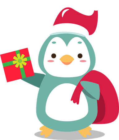 Pinguim Papai Noel fofo com saco dando presente de Natal  Ilustração