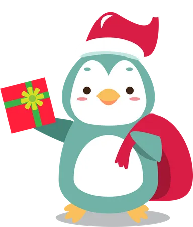 Pinguim Papai Noel fofo com saco dando presente de Natal  Ilustração