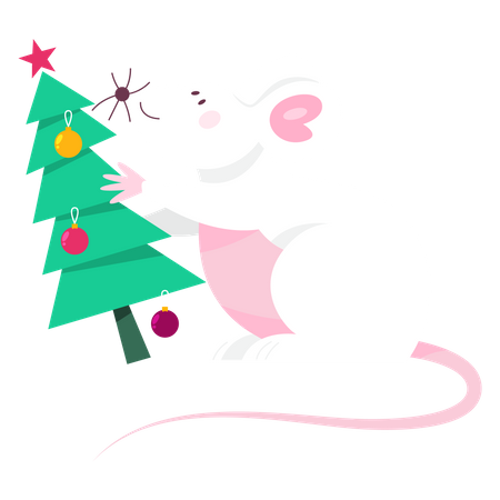 Rato de Natal fofo segurando a árvore de Natal  Ilustração