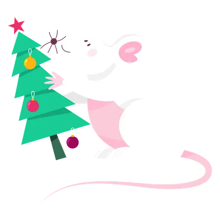 Rato de Natal fofo segurando a árvore de Natal  Ilustração