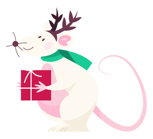 Rato de Natal fofo segurando uma caixa de presente  Ilustração