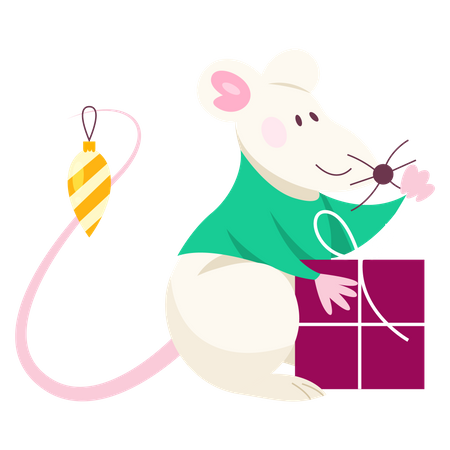 Rato de Natal fofo segurando uma caixa de presente  Ilustração