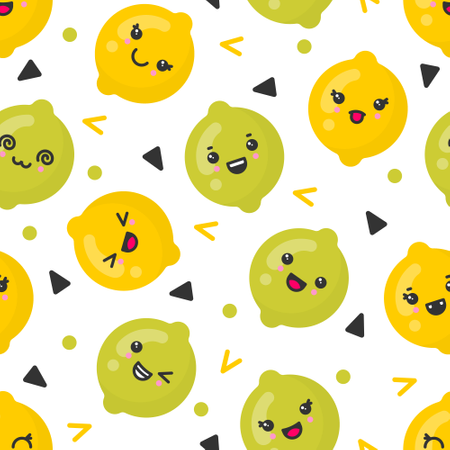 Frutas de limão e lima sorridentes, padrão sem costura vetorial em fundo branco  Ilustração