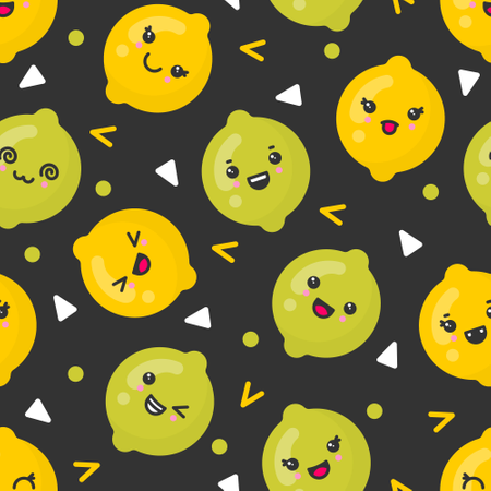 Frutas de limão e lima sorridentes e fofas, padrão sem costura vetorial em fundo escuro  Ilustração