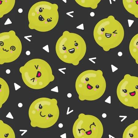 Frutas de limão sorridentes e fofas, padrão sem costura vetorial em fundo escuro  Ilustração