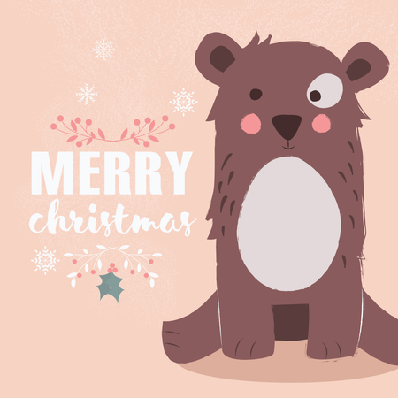 Urso pardo fofo em fundo rosa e letras de Feliz Natal  Ilustração