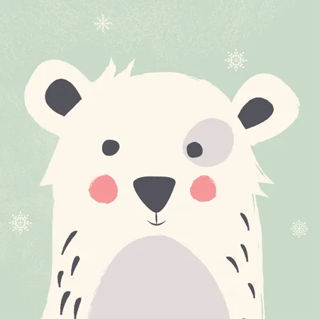 Urso polar fofo com flocos de neve em fundo verde  Ilustração