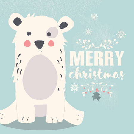 Urso polar fofo sobre fundo azul e letras de Feliz Natal  Ilustração