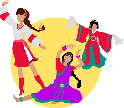 Folk Dance Concept Web Banner Flat Vector Three Women In Ukrainian Indian Chinese National Clothes Dancing Traditional Choreography For Dancing School Party Event Festival Web Page Design Illustration