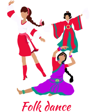 Folk Dance Concept Flat Design Indian Turkish Israeli Dancing Body Dancer Girl And Lifestyle Musical Party People Performance Show Traditional Culture Costume Illustration 일러스트레이션