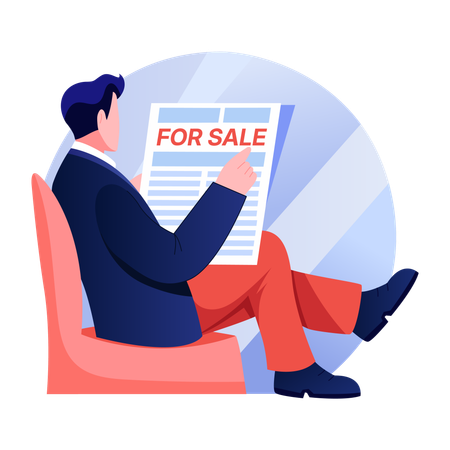 El hombre ve el folleto de venta  Ilustración