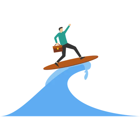Follow Business Trend Or Momentum Professional Experienced Worker Or Career Development Concept A Challenge To Overcome Difficulties Entrepreneur Expert Surf Or Ride The Wave To Success Illustration