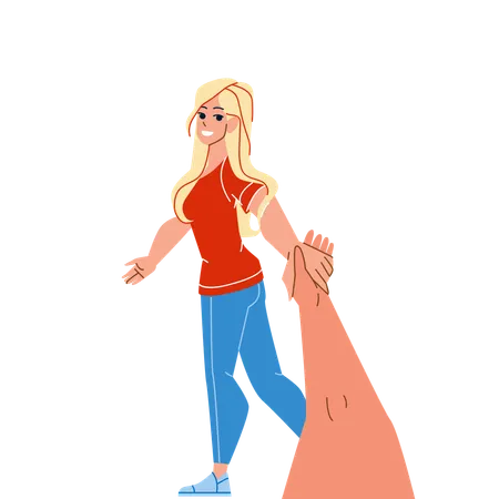 Follow Me Girlfriend Talking Boyfriend Vector Young Girl Tourist Holding Boy Hand And Leading To Magnificent Famous Place Characters Couple Relationship And Partnership Flat Cartoon Illustration Illustration
