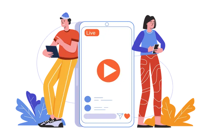 Followers Watch Blogger Live Streaming At Mobile Phones Man And Woman Watching Videos People Scene Isolated Online Communication And Content Concept Vector Illustration In Flat Minimal Design Illustration