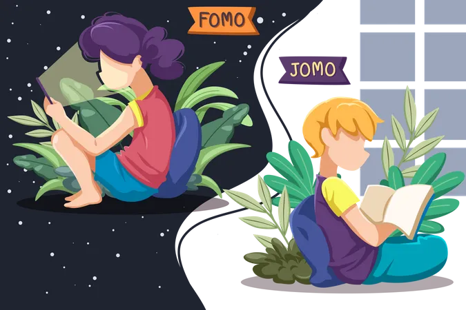 Fomo Girl usando smartphone e Jomo lendo livro  Ilustração