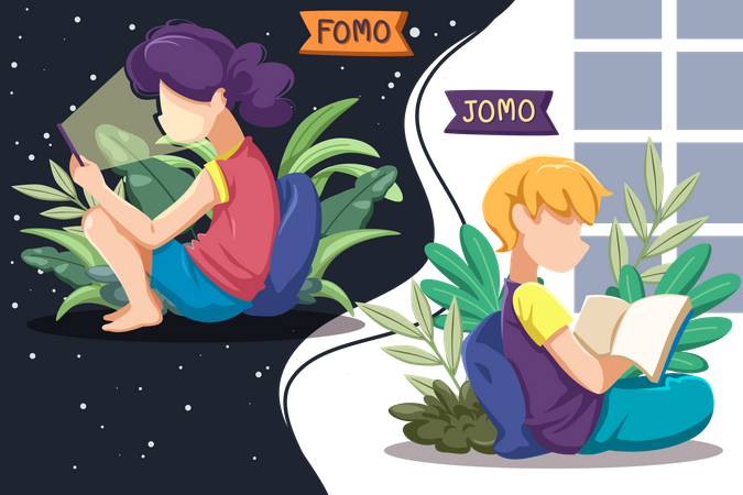 Fomo Girl using smartphone and Jomo reading book  Illustration