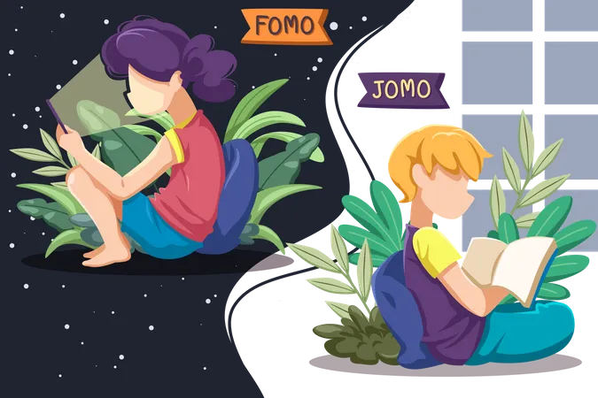 Fomo Girl using smartphone and Jomo reading book  Illustration