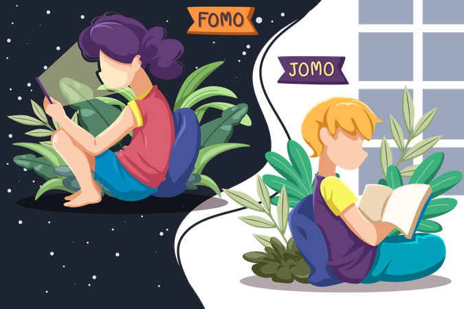 Fomo-Mädchen mit Smartphone und Jomo liest Buch  Illustration