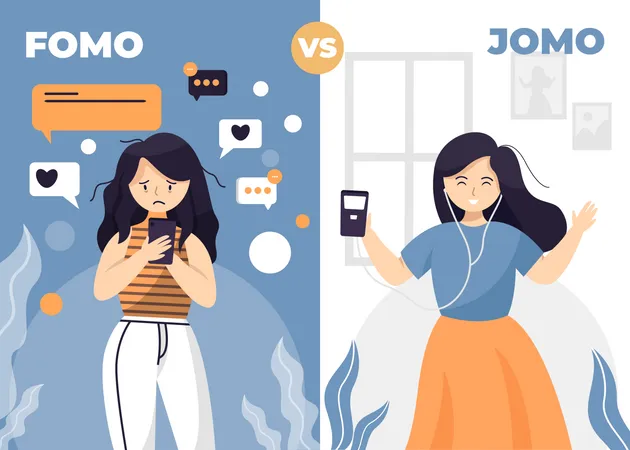 FOMO Or The Fear Of Missing Out Is A Phenomenon That Many People Experience On A Daily Basis Its Recently Been Discovered That JOMO Or The Joy Of Missing Out Is Becoming Far More Commonplace Illustration