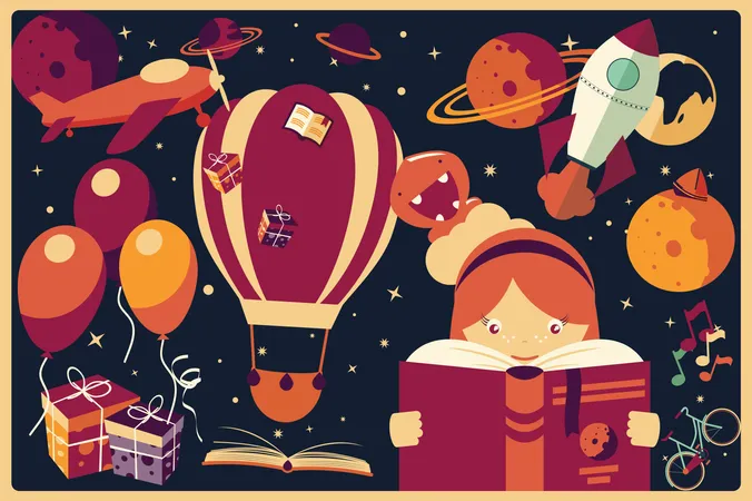 Fond avec des objets d'imagination et une fille lisant un livre, des ballons, une fusée, de l'espace, des planètes  Illustration