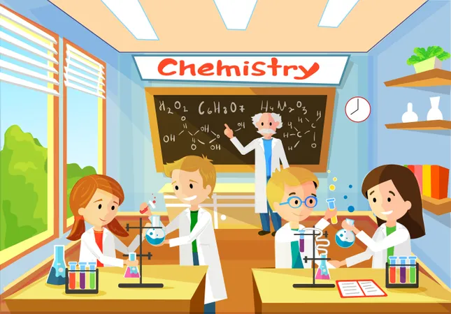 Fondo de dibujos animados vectoriales con aula de química y estudiantes de carácter  Ilustración