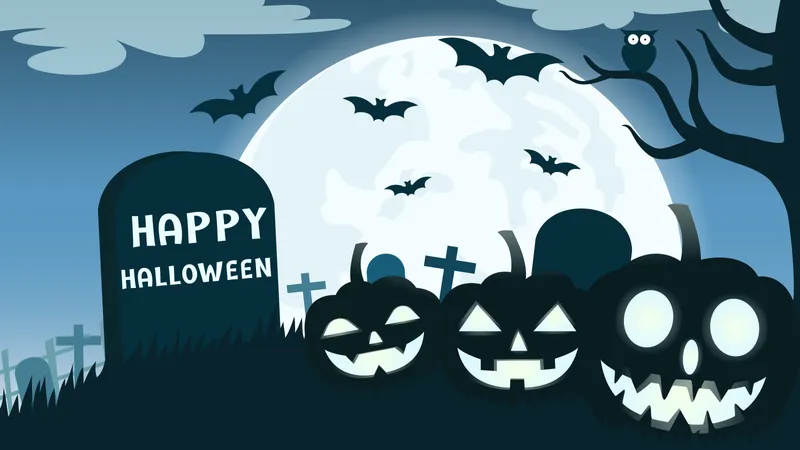 Fondo de Halloween con sonrisa calabaza diablo en el cementerio y la luna llena  Ilustración