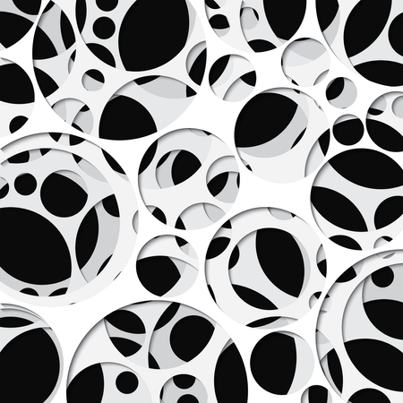 Fondo recortado en papel con efecto 3d, círculos en blanco y negro, ilustración vectorial  Ilustración