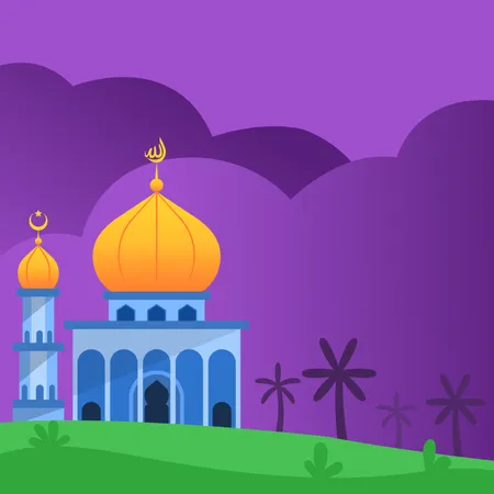 Mezquita De Cupula Amarilla De Ilustracion Plana Adecuado Para Saludos Islamicos O Fondo De Tema Islamico De Sabiduria Puede Colocar Texto De Sabiduria O Saludo En El Lado Izquierdo Ilustración